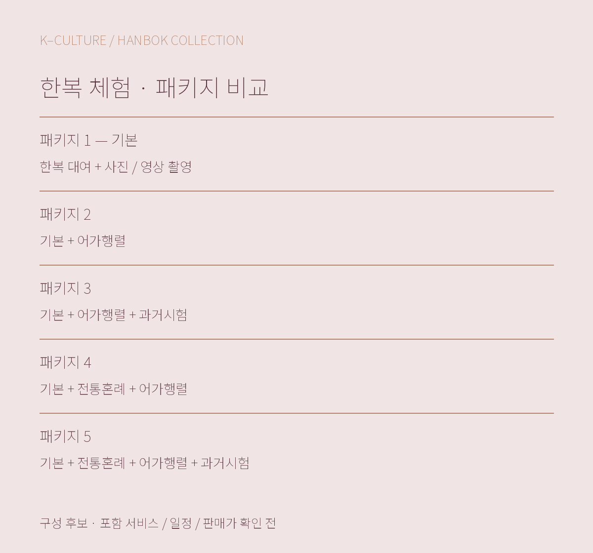 한복 체험 패키지 1~5 구성 비교. 구성 후보이며 운영 조건과 포함 사항은 미정입니다.
